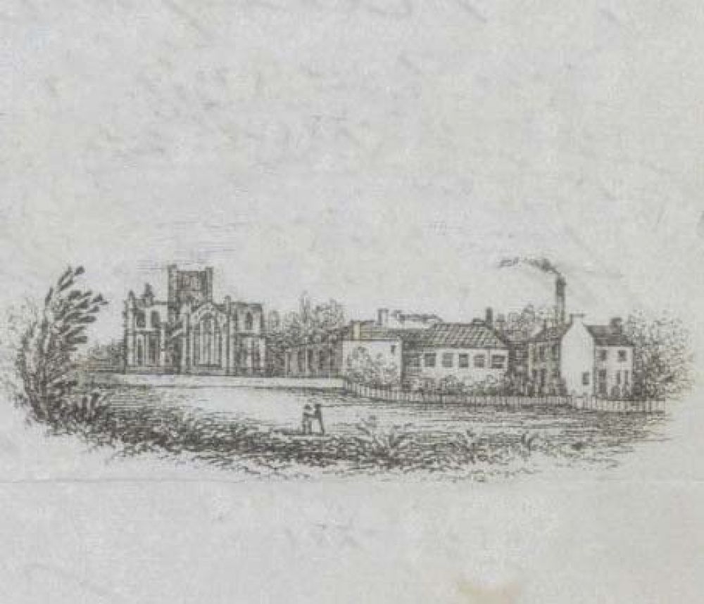 An engraving showing the Abbey Brewery on the right.