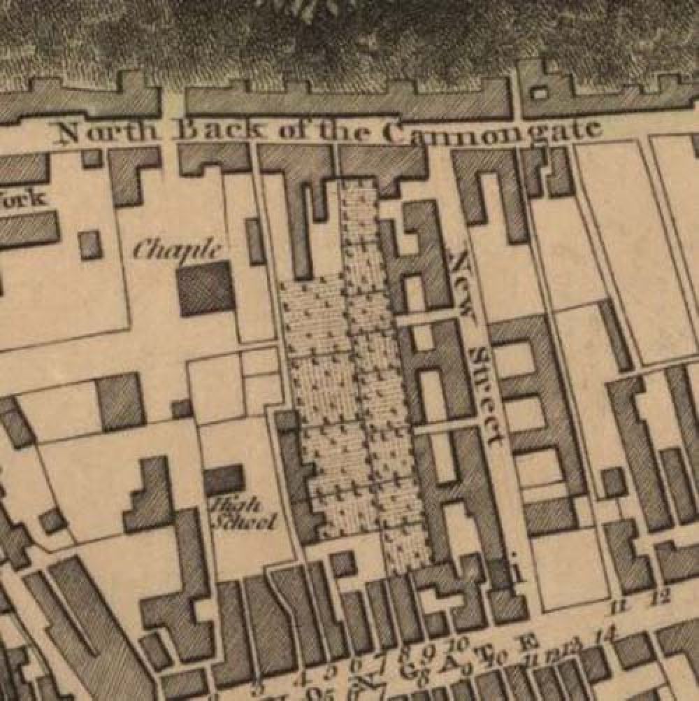Map of 1804 showing the location of the old Edinburgh Brewery opposite the north end of New Street. &copy; National Library of Scotland, 2017