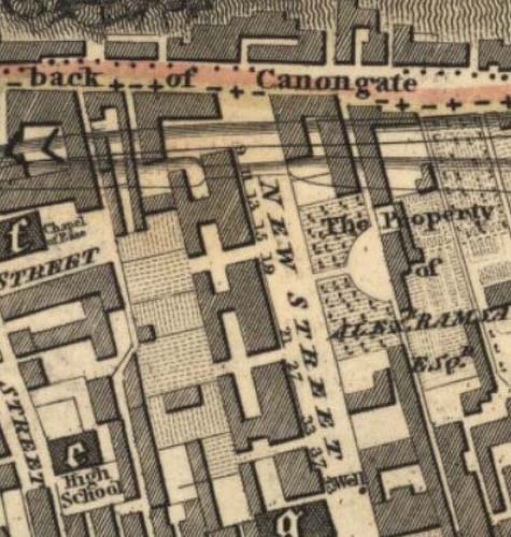 Map of 1817 showing the location of the old Edinburgh Brewery opposite the north end of New Street. &copy; National Library of Scotland, 2017