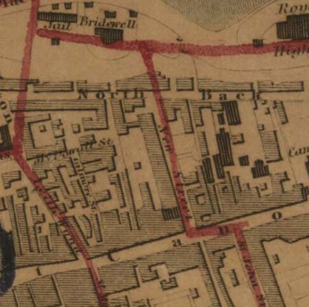 Map of 1834 showing the location of the old Edinburgh Brewery opposite the north end of New Street. &copy; National Library of Scotland, 2017