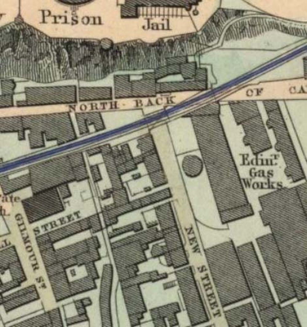 Map of 1851 showing the location of the old Edinburgh Brewery opposite the north end of New Street. &copy; National Library of Scotland, 2017