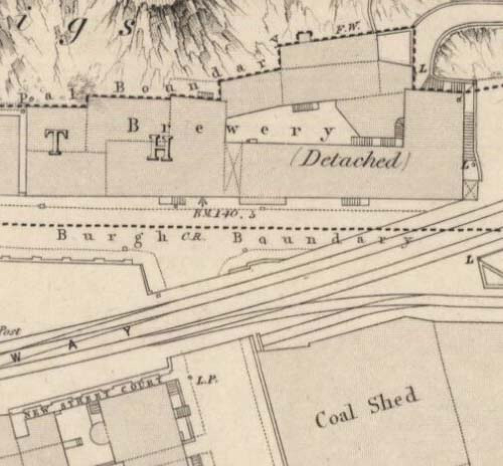 Map of 1852 showing the location of the old Edinburgh Brewery opposite the north end of New Street. &copy; National Library of Scotland, 2017