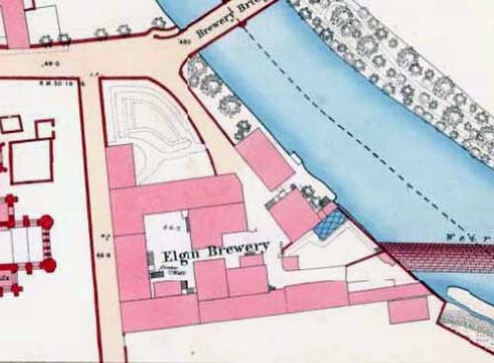 Map of 1868 showing the location of the Elgin Brewery. &copy; National Library of Scotland, 2016