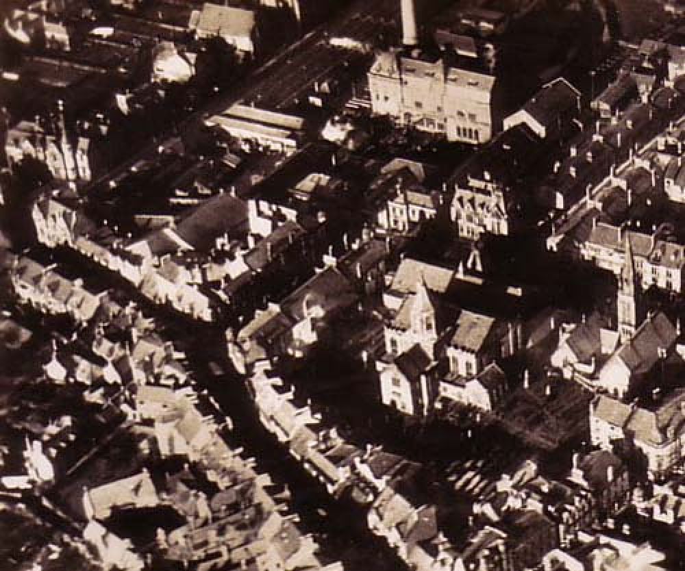 An aerial view of the brewery complex from the south east.