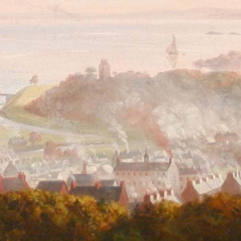 A painting of Gatehouse in 1851, showing the brewery chimney to the left of the large cotton mill. &copy; Gatehouse Folk, 2015