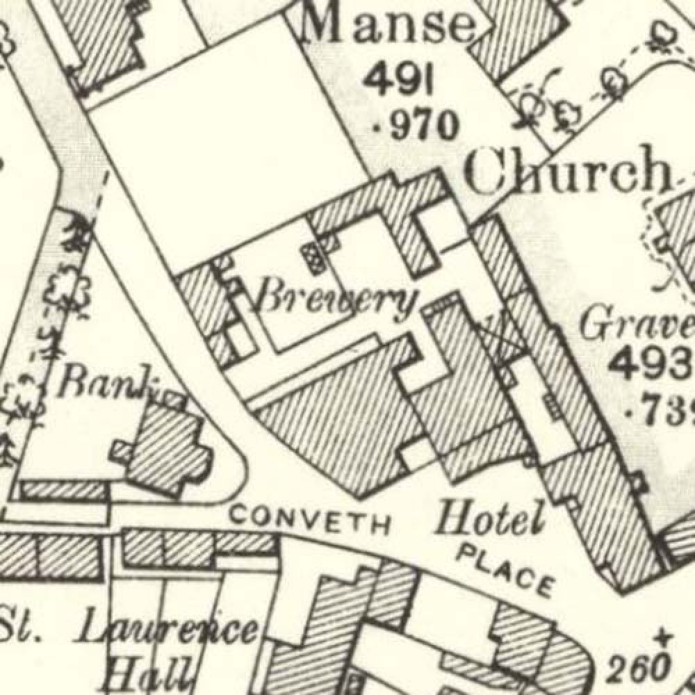Map of 1901 showing the layout of the Laurencekirk Brewery. &copy; National Library of Scotland, 2015