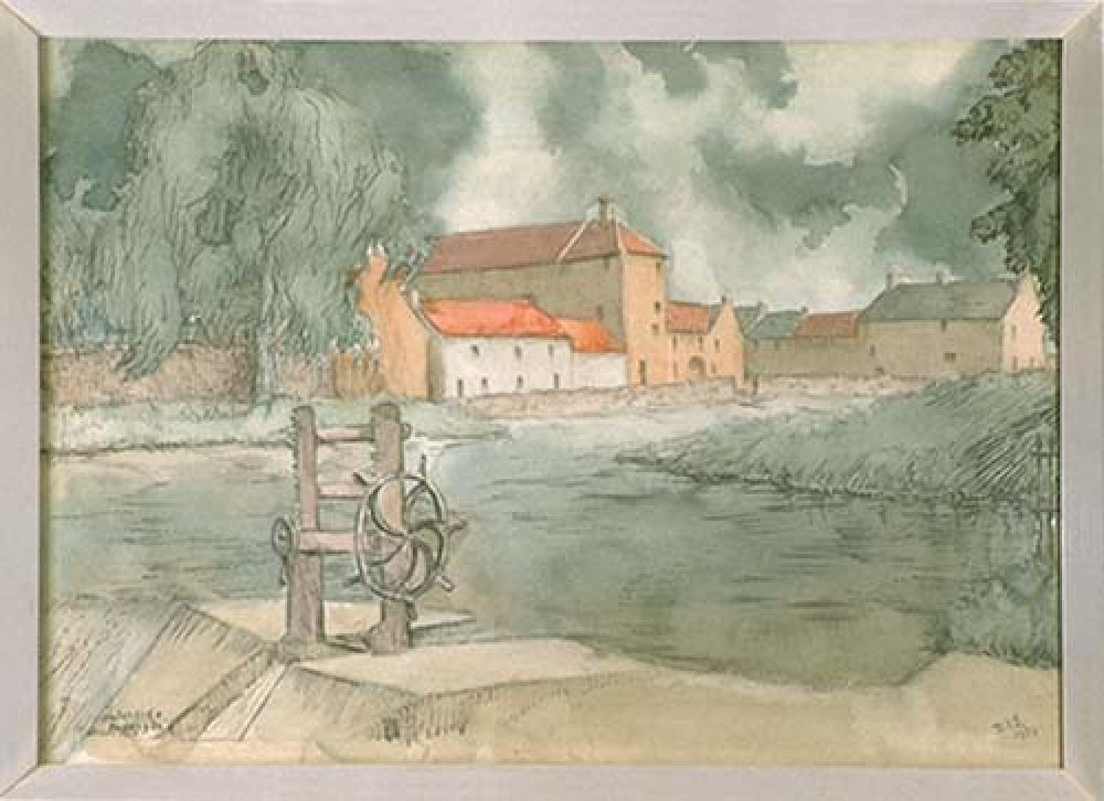 A watercolour by Dorothea Nimmo Smith which includes the Nungate Brewery (the white building just left of centre). © East Lothian Council Museum Services, 2016.