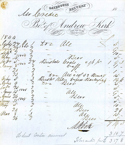 <p>An invoice of 1844 from Andrew Kirk to Mr Credie for beer, coals and kiln-dried barley supplied from the Gatehouse Brewery.</p>