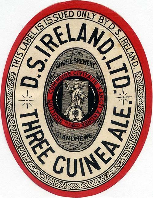 <p>Beer bottle label for D. S. Ireland Ltd's Three Guinea Ale.</p>