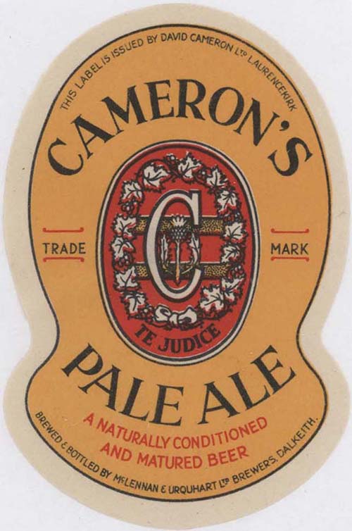 <p>A beer bottle label for Cameron's Pale Ale, brewed and bottled by McLennan & Urquhart Ltd of Dalkeith</p>