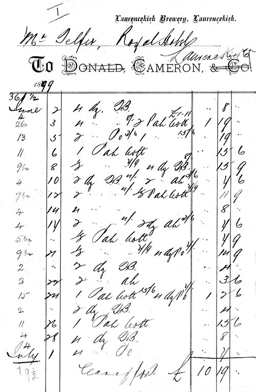 <p>This invoice bears the letterhead of Donald, Cameron & Co but has been altered, by a thrifty clerk, to be titled D. Cameron, following the death of James Donald, and the ending of the partnership, in 1884.</p>