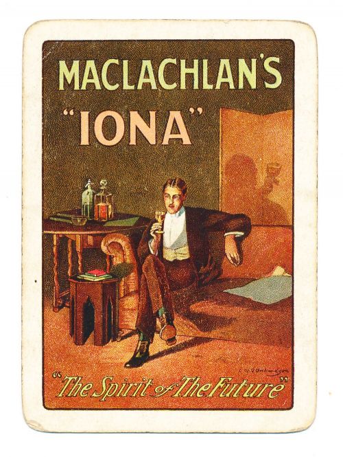 <p>A playing card promoting G and J Maclachlan's Iona brand whisky.</p>