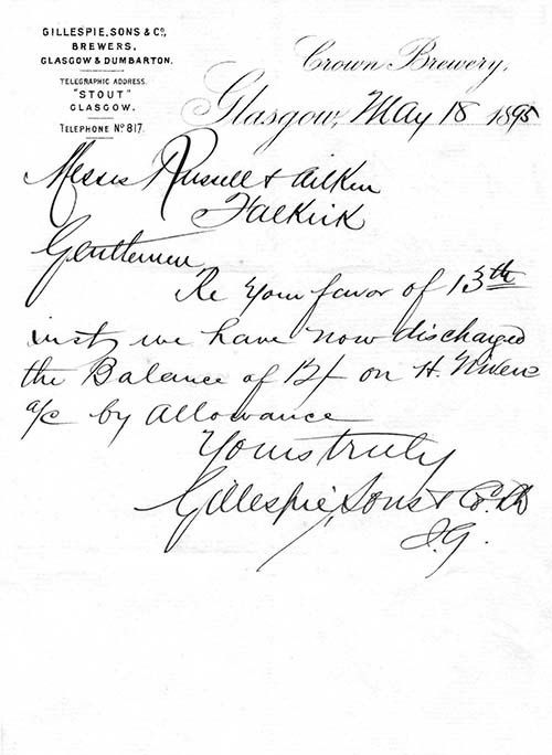 <p>A letter from Gillespie, Sons & Co Ltd to Russell & Aitken, solicitors, Falkirk, dated 18<sup>th</sup> May 1895</p>
