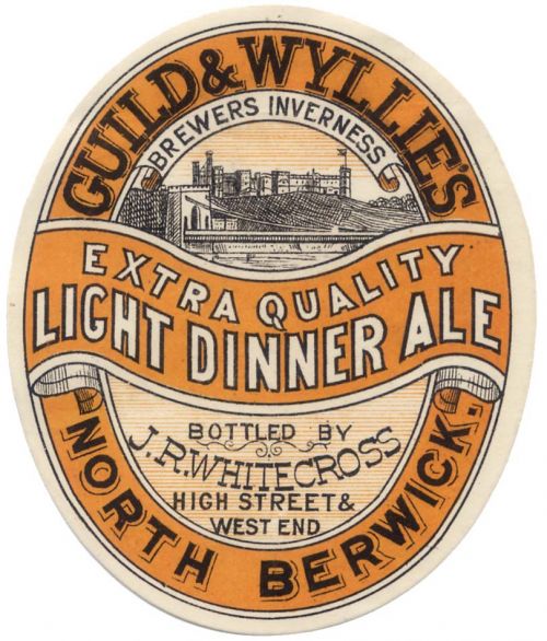 <p>A beer bottle label for Guild & Wyllie's Extra Quality Light Dinner Ale, bottled by J. R. Whitecross of North Berwick</p>