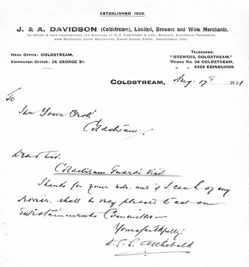 <p>A letter dated 1921 from D. S. H. Archibald regarding a visit by the Coldstream Guards.</p>