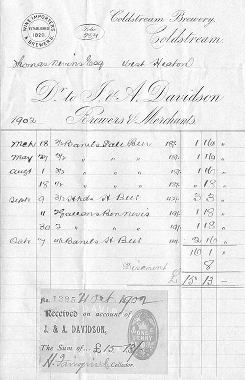 <p>An invoice of 1902 for goods supplied to Mr Nevins of West Heaton for &pound;15-13s.</p>