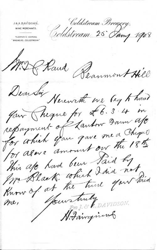 <p>Letter dated 1908 to Thomas C. Rand of Beaumont Hill.</p>