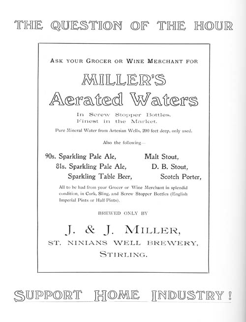 <p>An advertisement for J. & J. Miller's aerated waters and a range of their ales, stouts and porter.</p>