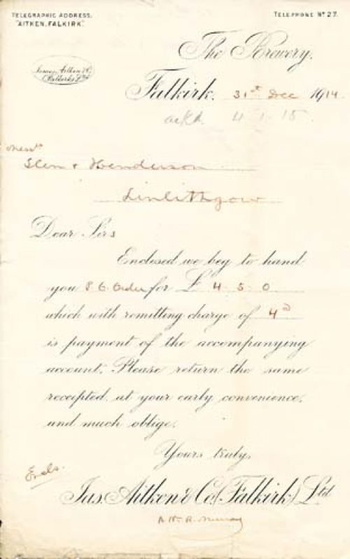 <p>A letter from James Aitken & Co (Falkirk) Ltd to Glen and Henderson, solicitors, Linlithgow, dated 31st December 1914.</p>