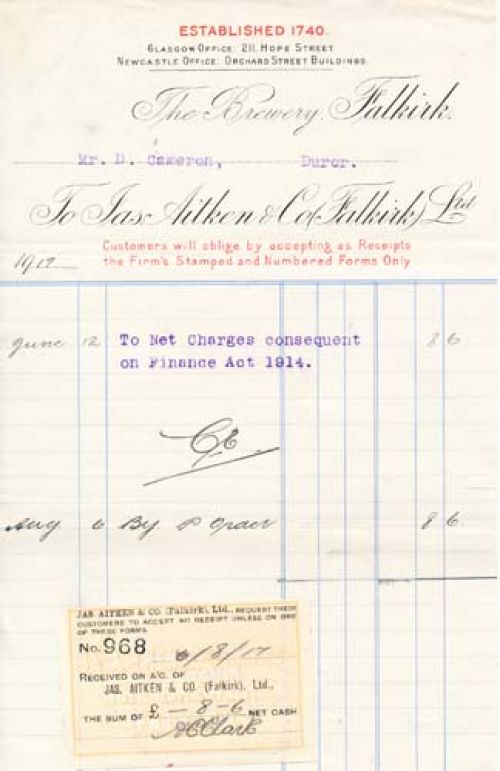 <p>An invoice from James Aitken & Co (Falkirk) Ltd to D. Cameron, Durer, dated 6th August 1917.</p>
