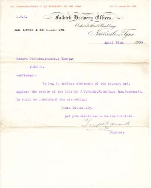 <p>A letter from James Aitken & Co (Falkirk) Ltd to Dickson, Archer and Thorpe, solicitors, Newcastle-upon-Tyne, dated 16th April 1909, concerning the estate of J. T. Fordy of the Heritage Inn.</p>