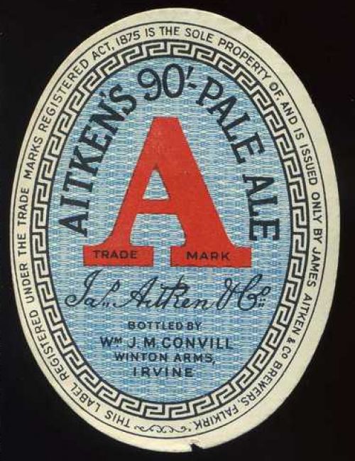 <p>A bottle label for James Aitken & Co's 90/- Pale Ale, bottled by William J. M. Convill, of the Winton Arms, Irvine.</p>