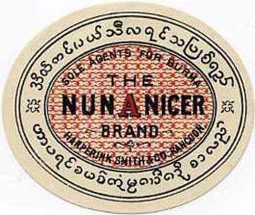 <p>A bottle label for James Aitken & Co's Nun Nicer brand, used by Harperink Smith & Co of Rangoon, Burma.</p>