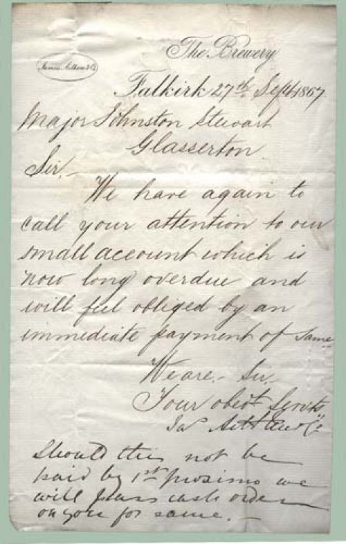 <p>A letter from James Aitken & Co to Major Johnston Stuart of Glasserton, dated 27th September 1867, regarding an overdue account.</p>
