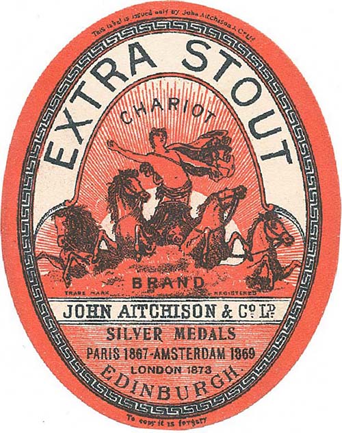 <p>A beer bottle label for John Aitchison & Co Ltd's Chariot Brand Extra Stout.</p>