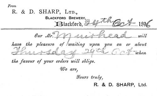 <p>A postcard from Mr Muirhead, of R. & D. Sharp Ltd, to Mr A. Lumsaden, spirit merchant in Bathgate.</p>
