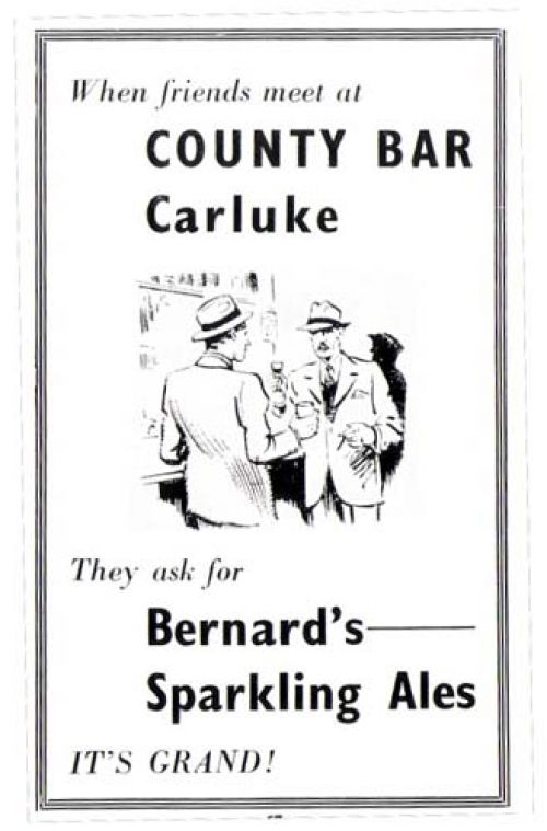 <p>An advertisement for Thomas and James Bernard Ltd's Sparkling Ales at the County Bar, Carluke</p>