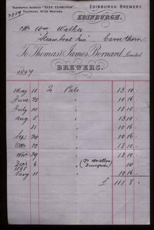 <p>An invoice from Thomas and James Bernard Ltd to William Walker of the Steamboat Inn, Carsethorn, dated 1897.</p>